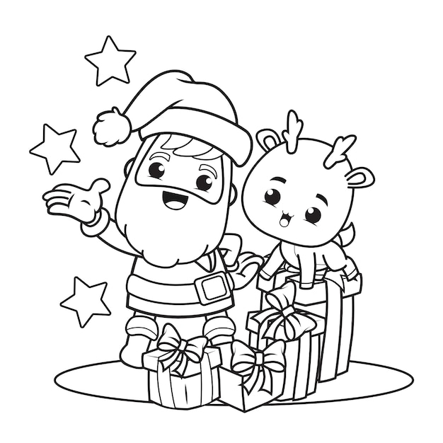 Premium Vector | Coloring book christmas day with santa claus and cute deer