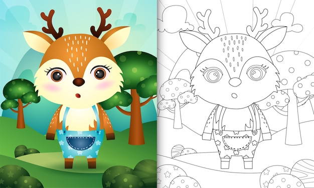 かわいい鹿のキャラクターイラストで子供のための塗り絵 プレミアムベクター