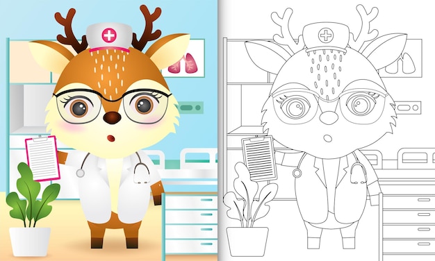 かわいい鹿の看護師のキャラクターイラストと子供のための塗り絵 プレミアムベクター