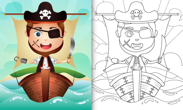 船の上のかわいい海賊の男の子のキャラクターのイラストと子供のための塗り絵 プレミアムベクター
