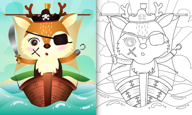 船のかわいい海賊鹿のキャラクターイラストと子供のための塗り絵 プレミアムベクター
