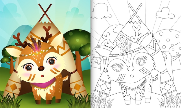 かわいい部族の自由奔放に生きる鹿のキャラクターイラストと子供のための塗り絵 プレミアムベクター