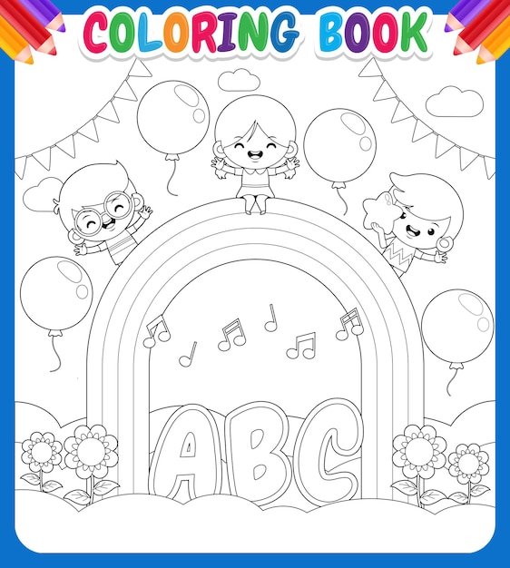 Download Premium Vector Coloring Book For Kids Happy Children On Rainbow Sky Garden