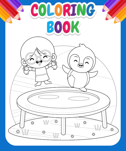 Download Premium Vector Coloring Book For Kids Happy Cute Girl And Penguin Playing Trampoline