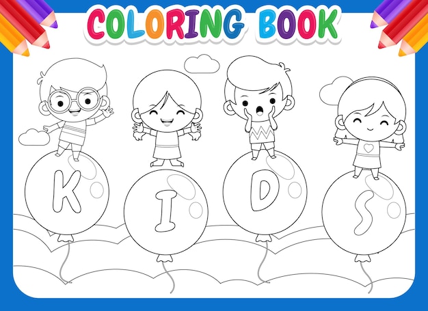 Download Premium Vector Coloring Book For Kids With Kids On Flying Balloon In The Sky