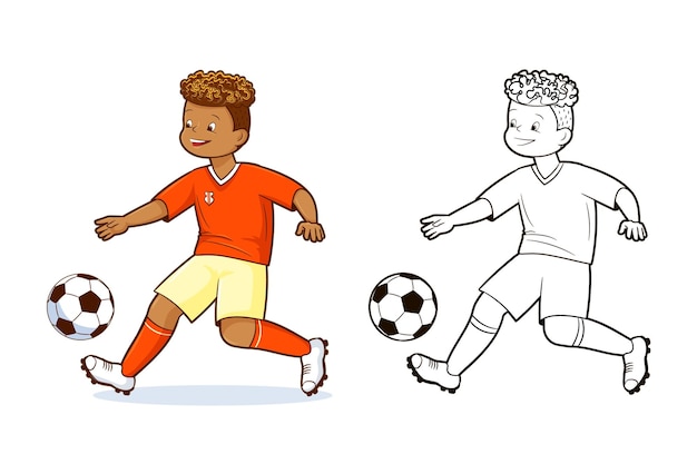 塗り絵 10代のサッカー選手がサッカーボールを蹴る ベクトル フラット漫画スタイルのイラスト コミック プレミアムベクター