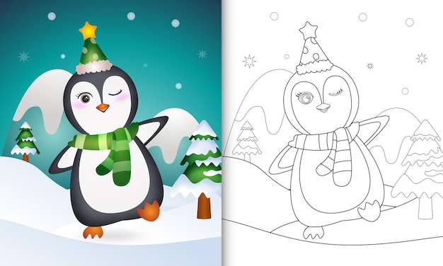 帽子とスカーフとかわいいペンギンのクリスマスキャラクターの塗り絵 プレミアムベクター