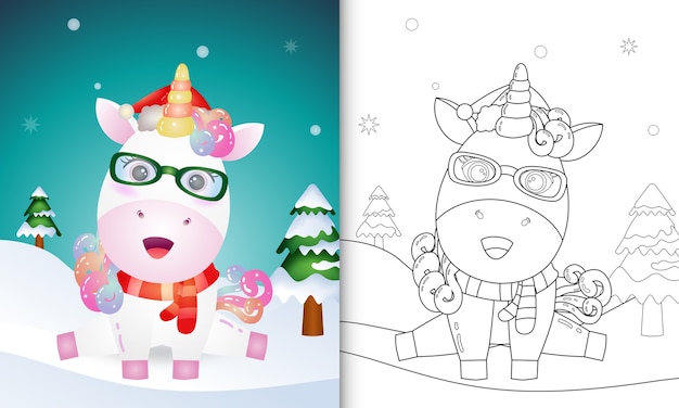 サンタの帽子とスカーフを使ったかわいいユニコーンのクリスマスキャラクターの塗り絵 プレミアムベクター