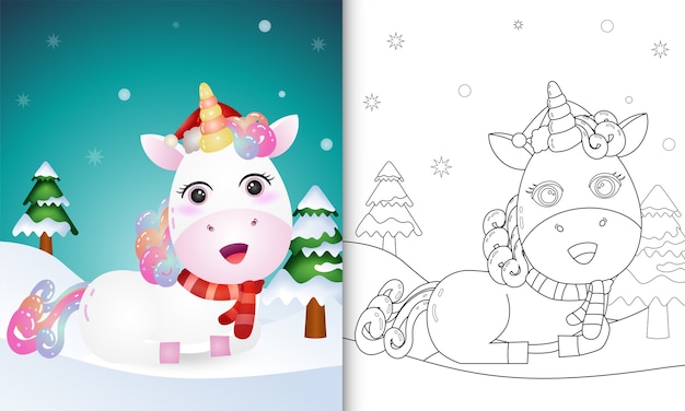 帽子とスカーフのユニコーン鹿のクリスマスキャラクターコレクションの塗り絵 プレミアムベクター