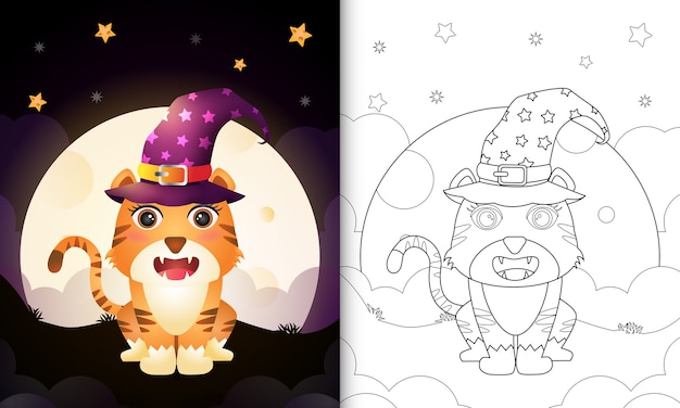 Premium Vector Coloring Book With A Cute Cartoon Halloween Witch Tiger Front The Moon