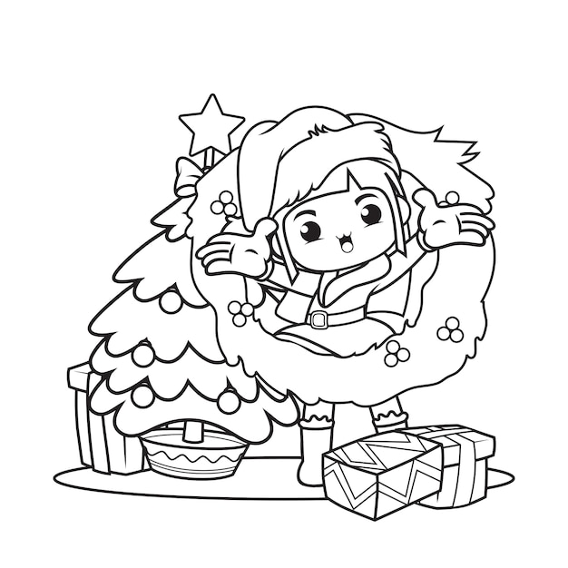 Premium Vector | Coloring book with cute girl christmas caracther