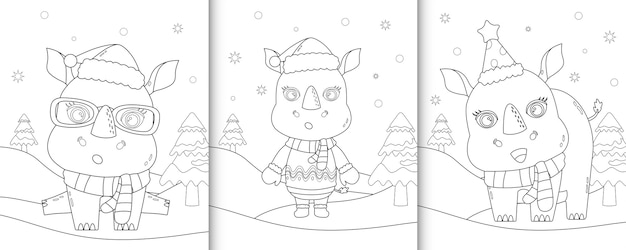 かわいいサイのクリスマスキャラクターの塗り絵 プレミアムベクター