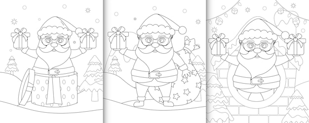 かわいいサンタクロースのクリスマスキャラクターの塗り絵 プレミアムベクター