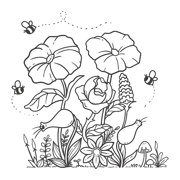 Окраска природа садовые цветы каракули | Премиум векторы