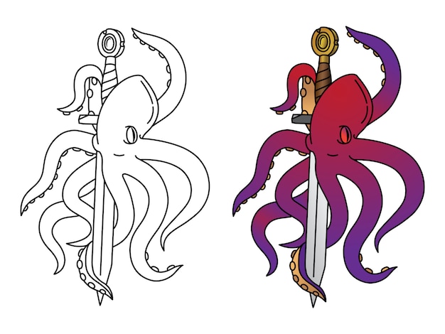 Coloring octopus with sample Premium Vector