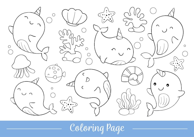 Premium Vector Coloring Page Cute Narwhal Doodle Cartoon