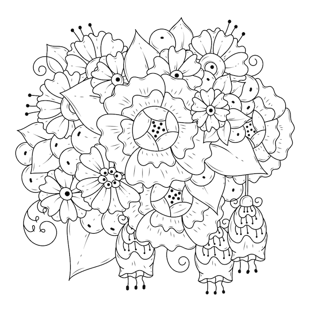 子供と大人のためのぬりえ 着色のための花飾り 黒と白の植物の背景 プレミアムベクター