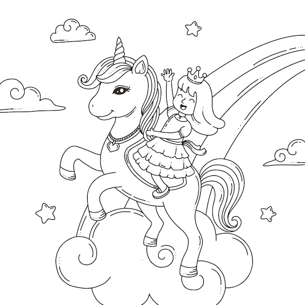 Premium Vector | Coloring page the unicorn and princess