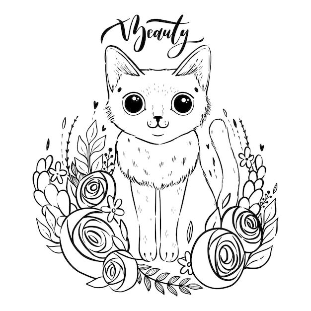 Premium Vector | Coloring page with cartoon fluffy cat with roses