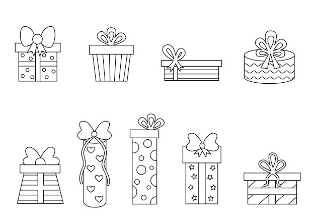 Premium Vector | Coloring page with cartoon present boxes. set of black ...