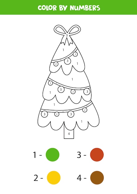 かわいい漫画のクリスマスツリーとぬりえ 数字で色分け 子供のための教育数学ゲーム プレミアムベクター