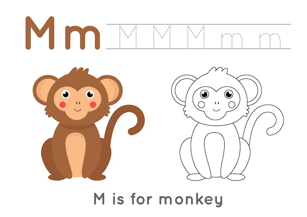 かわいい漫画の猿のぬりえ 文字mのアルファベットトレースワークシート 子供のための手書きの練習 プレミアムベクター
