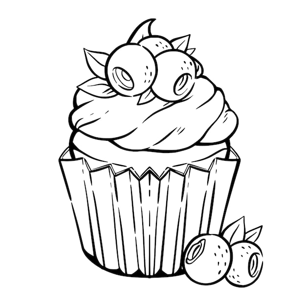 Premium Vector | Coloring page with cute cupcake, cream, blueberry ...