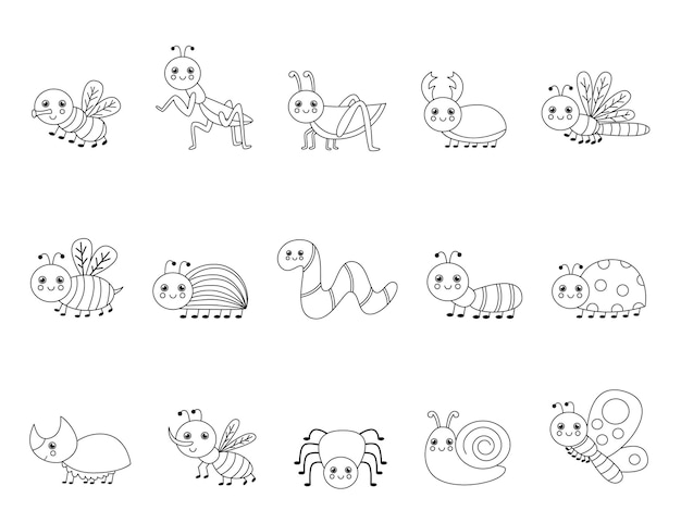 Premium Vector Coloring Page With Cute Insects Set Of Black And White Bugs