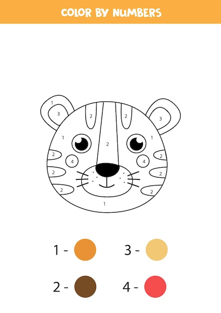 かわいい虎の顔のぬりえ 数字で色分け 子供のための数学のゲーム プレミアムベクター