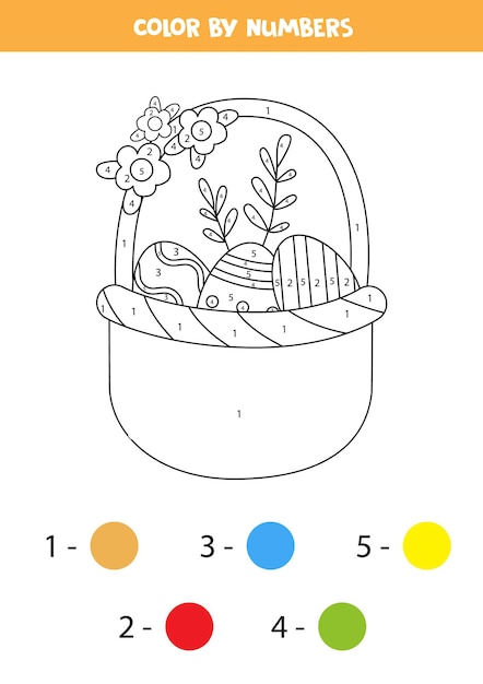 卵がいっぱい入ったイースターバスケットのぬりえ 数字で色分け 子供のための数学のゲーム プレミアムベクター