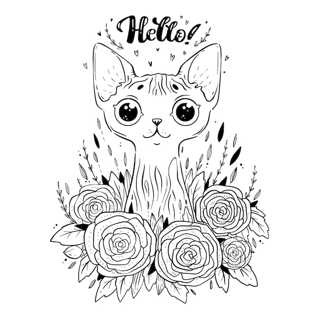 Coloring page with sphynx cat with roses flowers saying hello. coloring