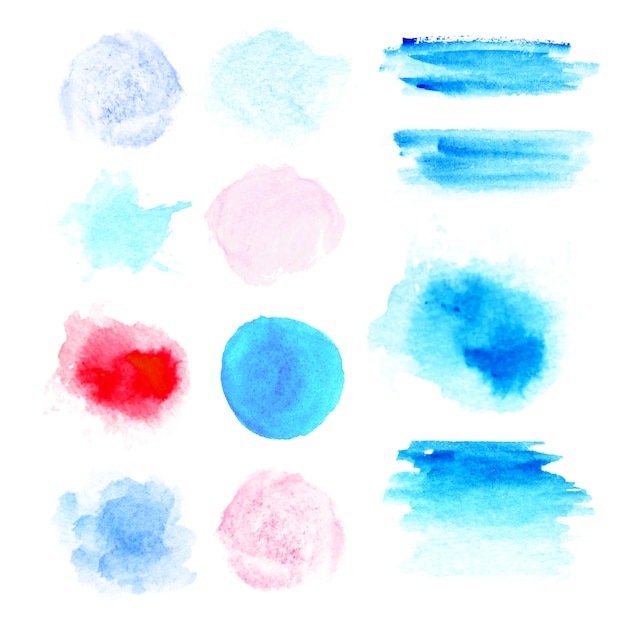 色の水彩絵の具の汚れ 本物の水彩テクスチャ 水彩の水しぶきとドットのテクスチャです ブルー ピンク レッドのカラーポリッシュ プレミアムベクター