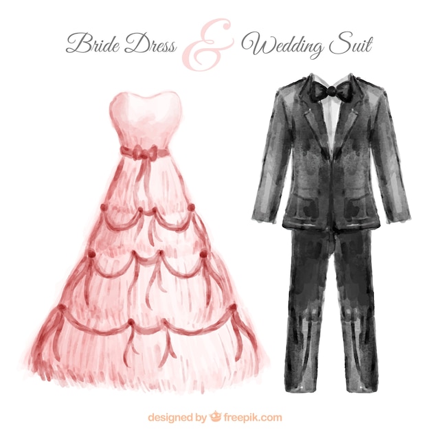 Coloured watercolor hand painted bride dress and goom suit design ...