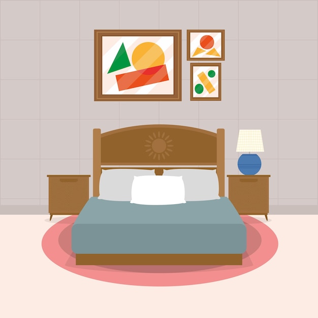 Premium Vector | Comfy bedroom with decorative frames