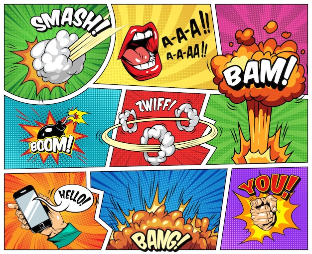 Comic bright composition with explosive halftone rays Free Vector