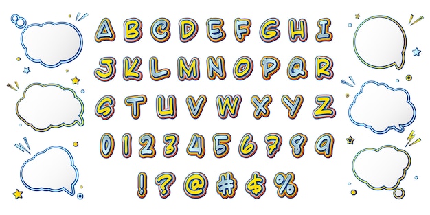 Download Free Comic Font Cartoonish Yellow Blue Alphabet And Set Of Speech Use our free logo maker to create a logo and build your brand. Put your logo on business cards, promotional products, or your website for brand visibility.