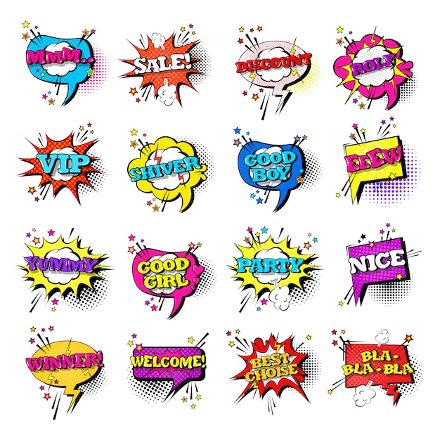 Comic speech chat bubble set pop art style sound expression text icons collection Premium Vector