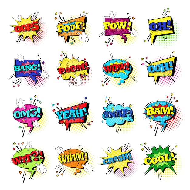 Comic speech chat bubble set pop art style sound expression text icons collection Premium Vector