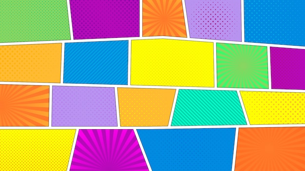 Comic strip background. different colorful panels. rays, lines, dots. Premium Vector