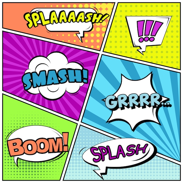 Comic strips or vignettes in pop art style with speech bubbles: splaaash, smash, boom! Premium Vector