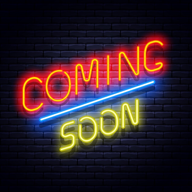 Coming soon neon banner on brick wall. illustration. | Premium Vector