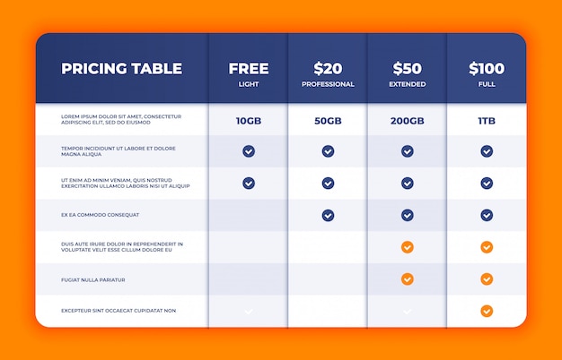 Comparison table. price chart template, business plan pricing grid, web banner checklist design temp