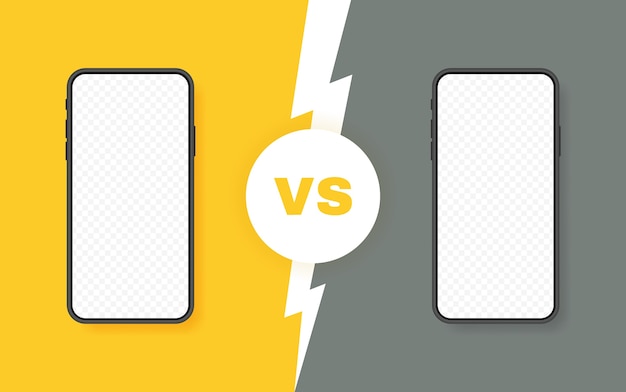 Comparison of two different smartphones. vs background with lightning bolt for comparison.  illustra