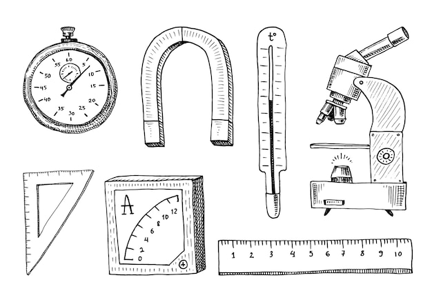 プレミアムベクター コンパスと磁石 温度計と顕微鏡付きのアルペメット