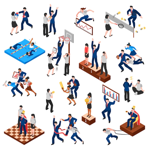 Competitions of business characters isometric set Free Vector