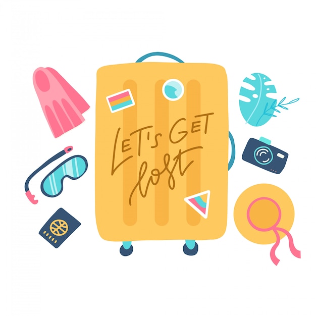 黄色のスーツケースとアクセサリー旅行の構成 ビーチコンセプトの休日 レタリング引用フラットイラスト迷子になりましょう プレミアムベクター