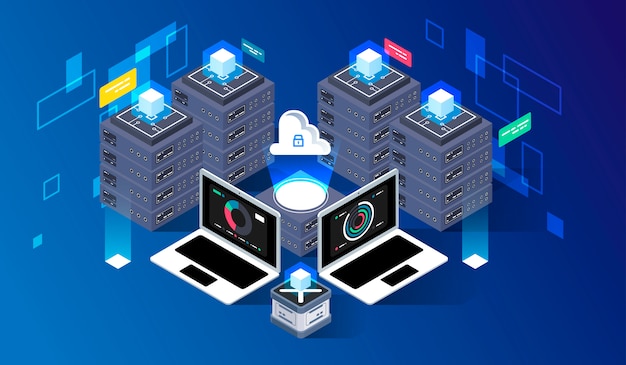 Computation of big data center, information processing, database. internet traffic routing, server room rack isometric vector technology. Premium Vector