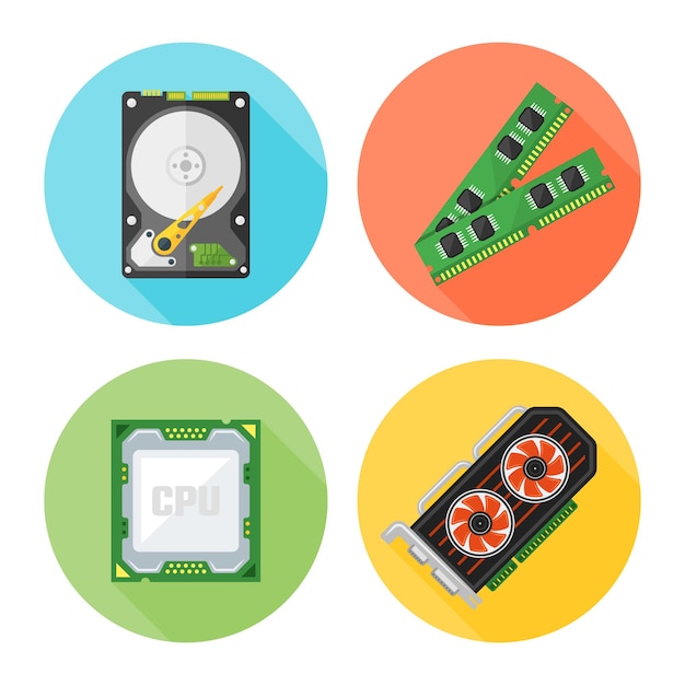 Computer components set of four vector colored round icons in flat style with long shadow isolated on white background Premium Vector