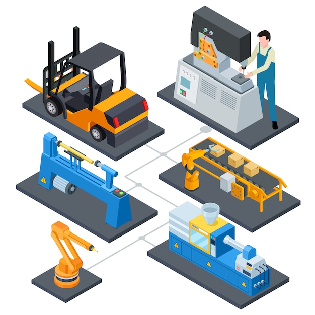 コンピューター制御生産 ファクトリオートメーションプロセスアイソメ図 プレミアムベクター