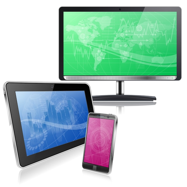 コンピューターデバイス 青いタブレット ピンクのモバイル 緑色の画面テレビ プレミアムベクター